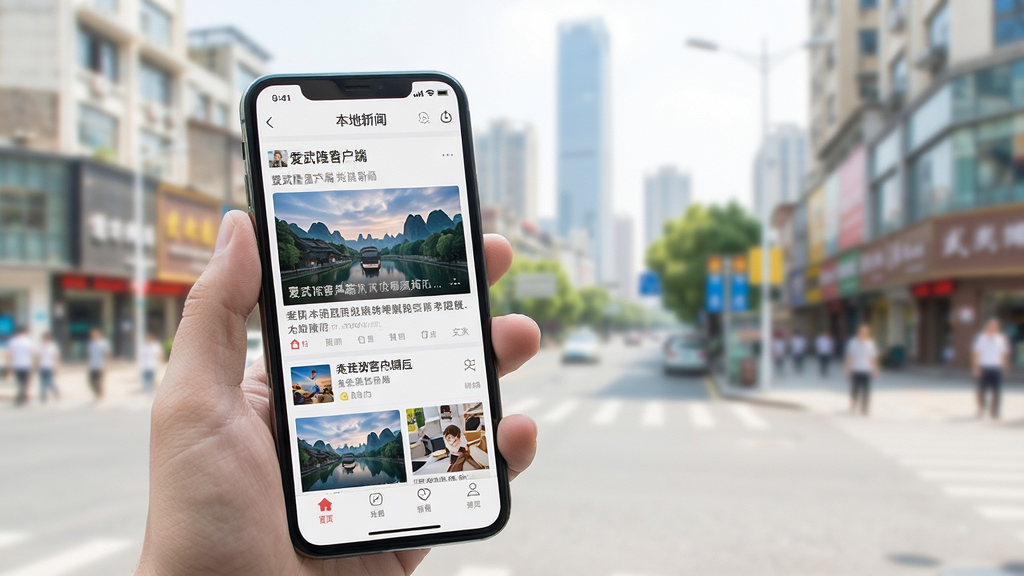 爱武隆客户端手机使用场景图,画面中一只手拿着手机正在浏览应用内的本地新闻资讯,背景是模糊的武隆城市街景,光线明亮,构图自然,画质清晰,干净无杂物