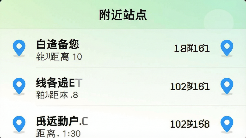 一张手机应用截图,页面标题为“附近站点”,下方列表展示了多个公交站名称、距离和线路编号,列表项旁有蓝色定位图标,背景为淡绿色渐变,整体布局清晰,文字可读性强,画质干净,无多余元素