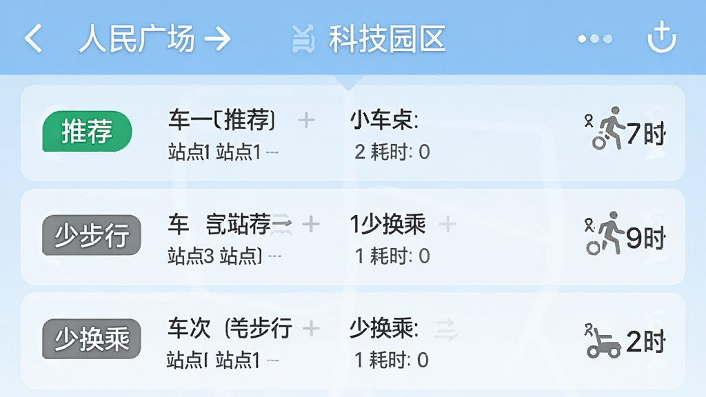 一张手机应用截图,页面显示从“人民广场”到“科技园区”的路线规划结果,列表展示三条不同方案,分别标注“推荐”、“少步行”、“少换乘”标签,每条方案包含车次、站点和耗时信息,背景为浅蓝色,界面简洁,画质干净,无多余元素