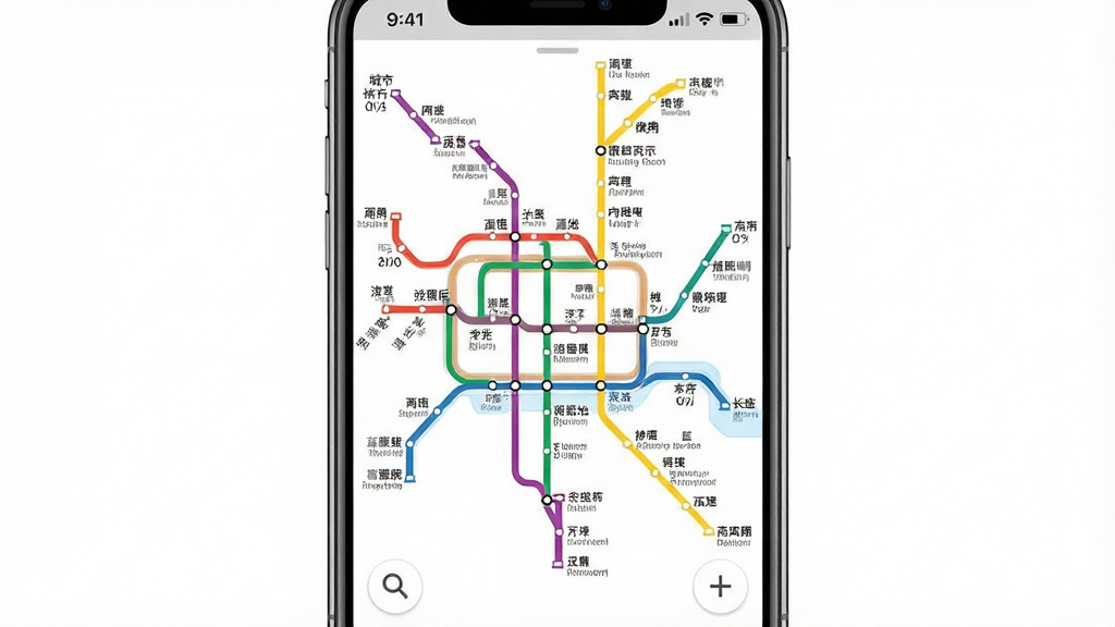 一张手机应用截图,屏幕显示城市地铁线路图,各条线路以不同颜色区分,站点名称清晰可见,底部有放大缩小按钮,背景为白色,整体风格简洁,画质干净,无多余元素