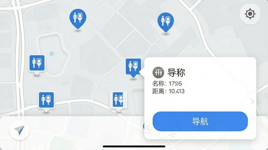 一张手机应用截图,页面显示地图上分布着多个厕所图标,点击其中一个图标弹出详细信息卡片,显示厕所名称和距离,底部有“导航”按钮,背景为浅灰色地图,界面清爽,画质干净,无多余元素