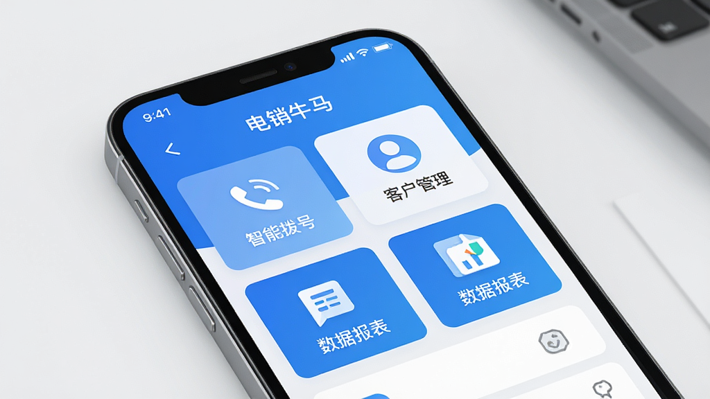 一张展示电销牛马软件核心界面的高清渲染图,主体是智能手机屏幕,屏幕内显示软件主界面,包含“智能拨号”、“客户管理”、“数据报表”等模块图标,整体布局清晰,风格现代简约,以蓝色为主色调,细节丰富,画质干净,无多余元素,文字标注“电销牛马”