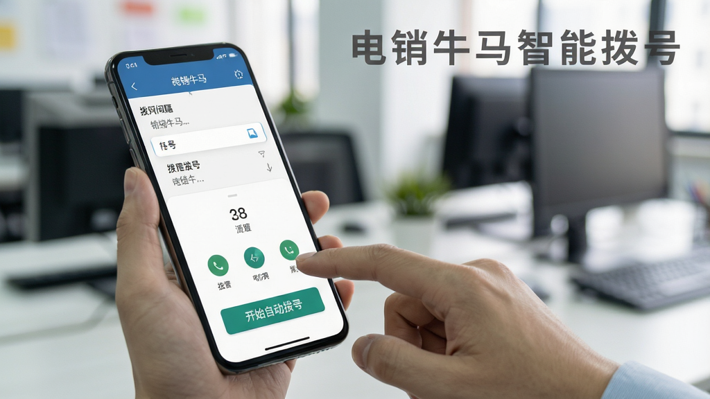 展示电销牛马智能拨号功能的场景图,主体是一只手正在点击手机屏幕上的“开始自动拨号”按钮,手机界面清晰显示拨号间隔设置选项,背景为模糊的办公环境,整体风格写实,细节清晰,画质干净,无多余元素,文字标注“电销牛马智能拨号”