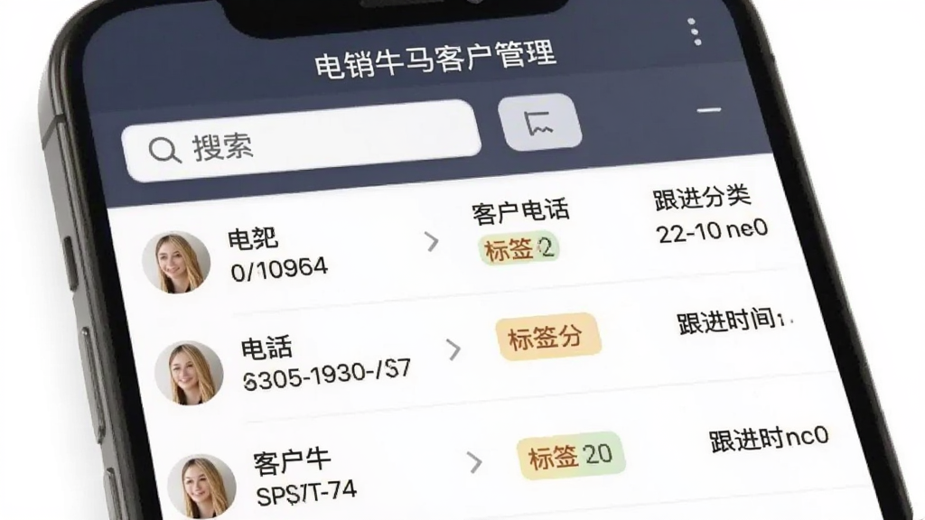 展示电销牛马客户管理功能的界面截图,主体是手机屏幕上的客户列表,列表项包含客户姓名、电话、标签分类和跟进时间,屏幕上方有搜索和筛选选项,整体界面简洁,数据清晰,风格商务,画质干净,无多余元素,文字标注“电销牛马客户管理”