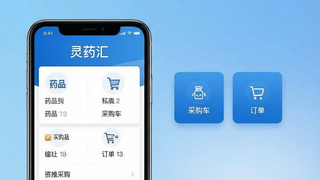 一张展示灵药汇APP在智能手机上运行的主界面预览图,界面风格简洁商务,以蓝白配色为主,顶部显示“灵药汇”品牌字样,下方清晰展示药品分类、采购车、订单等核心功能模块,背景为干净的渐变蓝色,整体布局直观,画质清晰,干净无多余元素,突出医药采购平台的专业感。