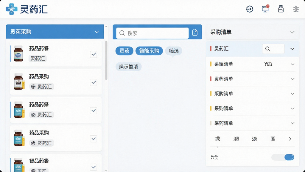一幅展示灵药汇智能采购功能的界面截图,画面左侧为药品列表,右侧为采购清单详情,中间有搜索框和筛选标签,整体采用扁平化设计风格,主色调为蓝色与白色,突出“灵药汇”品牌标识,文字清晰,界面干净整洁,无多余元素,画质高。