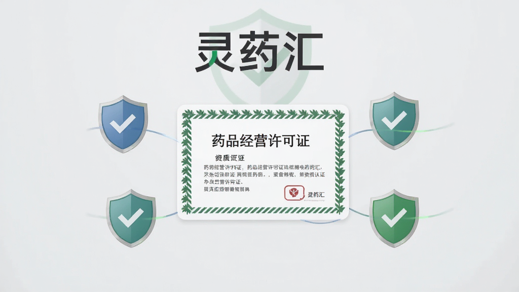 一张展示灵药汇平台资质认证信息的界面截图,画面中央显示“药品经营许可证”等证照图标,周围环绕盾牌与对勾等安全标识,背景为浅灰色,整体风格沉稳大气,突出“灵药汇”品牌,文字清晰,画质干净,无多余元素。