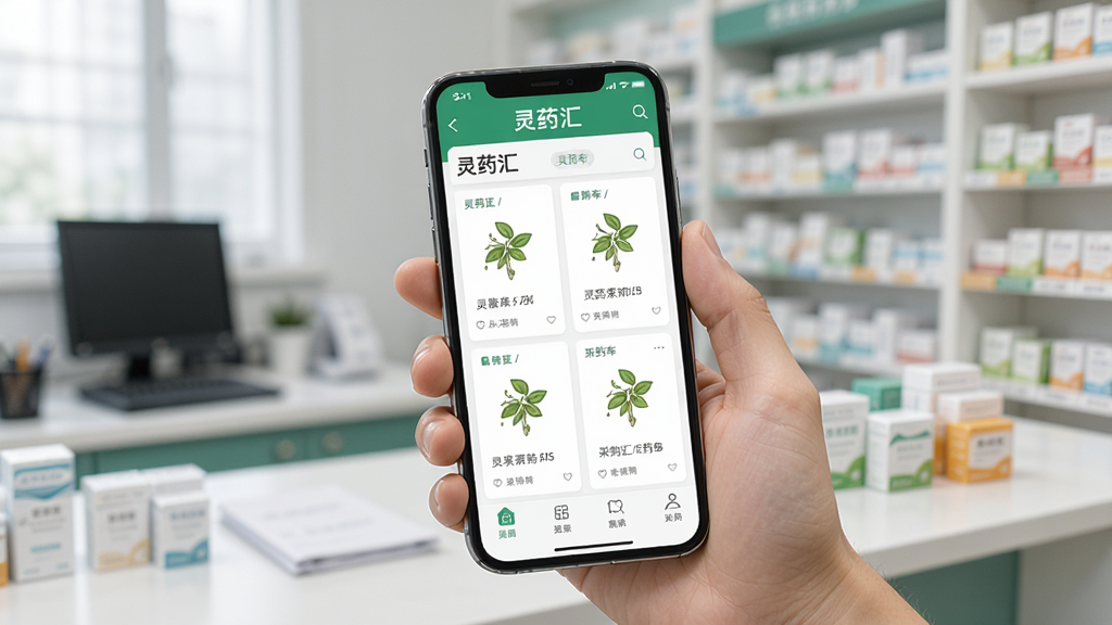 一张灵药汇APP在手机上操作的场景图,画面中一只手拿着手机,屏幕显示灵药汇的采购车界面,背景为办公室或药店环境,整体风格真实自然,突出“灵药汇”品牌,画质清晰,干净无多余元素。