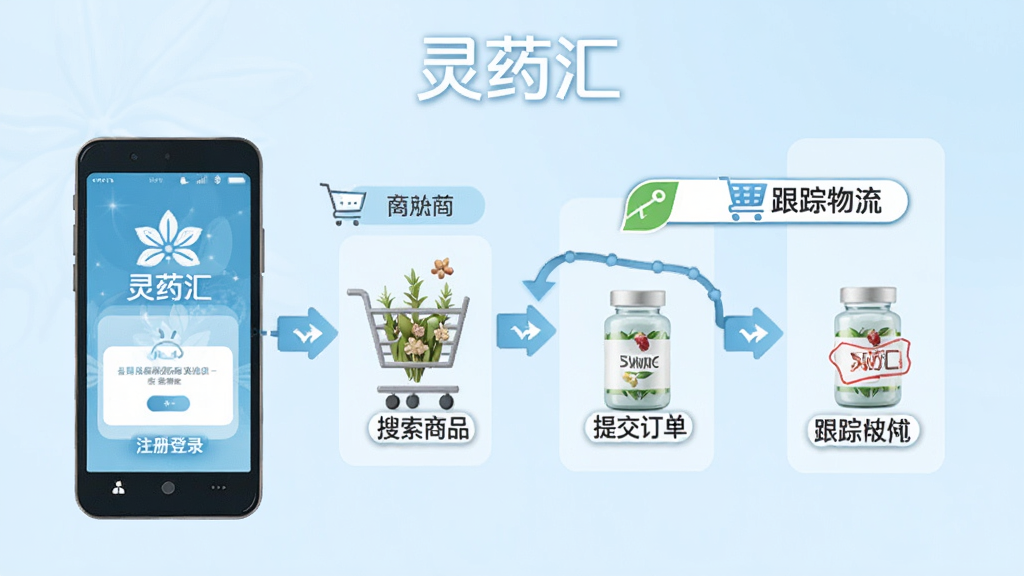 一张灵药汇APP使用流程的示意图,画面分为四个步骤:注册登录、搜索商品、提交订单、跟踪物流,用箭头连接,背景为浅蓝色,整体风格简洁明了,突出“灵药汇”品牌,画质干净,无多余元素。