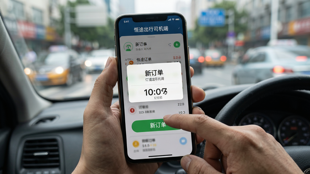 画面主体为司机手持手机点击抢单按钮的瞬间,手机屏幕显示“新订单”弹窗和抢单倒计时。布局采用动态抓拍风格,司机手指即将触碰到按钮。背景为模糊的城市街道,突出手机屏幕内容。排版将手机屏幕置于画面中心,屏幕上方有“恒途出行司机端”字样。风格写实充满动感,细节表现屏幕上的订单信息,画质清晰干净。