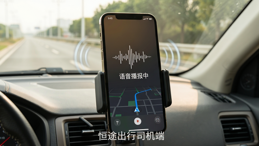 画面主体为车载手机支架上的手机,屏幕显示语音播报界面,有波浪声波图标和文字“语音播报中”。布局采用车内视角,背景为驾驶室和挡风玻璃外的道路。排版突出手机屏幕,屏幕下方有“恒途出行司机端”水印。风格温馨实用,细节表现声波动效和导航地图,画质干净明亮。