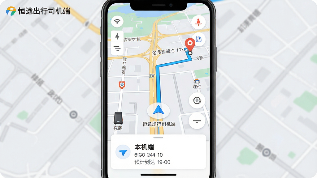 画面主体为手机地图导航界面,路线清晰标注起点终点,有蓝色箭头指示当前位置。布局采用上下分层,上方为地图,下方为导航提示卡片。背景为浅灰色,突出地图色彩。排版将路线置于画面中心,左上角有“恒途出行司机端”小字标识。风格简洁明快,细节包括道路名称和预计到达时间,画质高清。