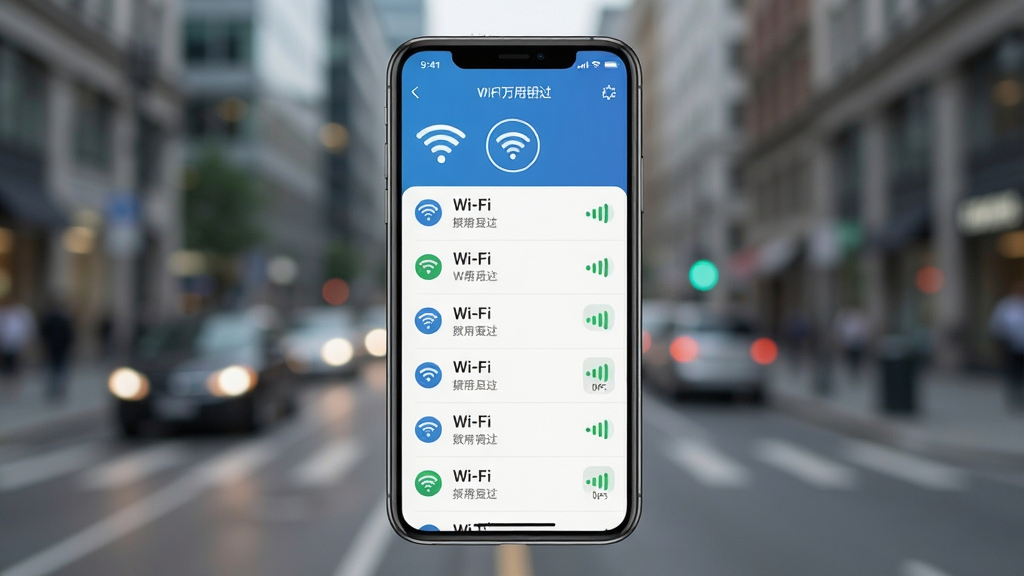 一张智能手机屏幕展示wifi万用钥匙连主界面的高清图片,界面显示附近Wi-Fi列表和信号强度图标,背景虚化城市街景,布局居中,排版清晰,风格现代简洁,细节丰富,画质清晰干净,无多余元素