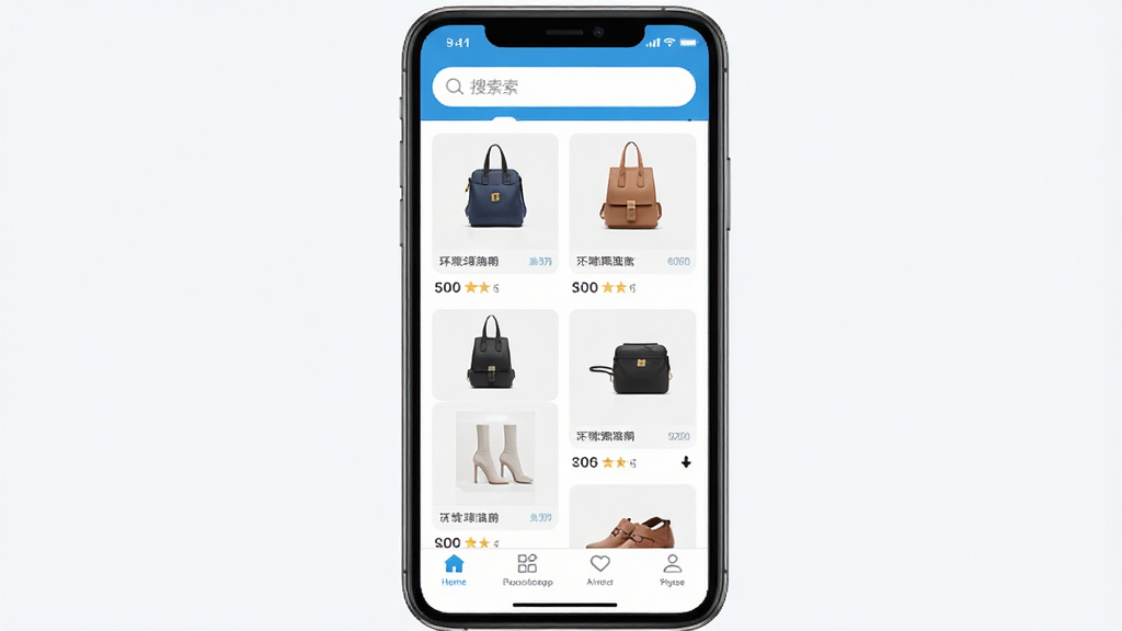 环球购APP主界面展示图,手机屏幕显示商品瀑布流、顶部搜索栏、底部导航栏,界面风格清新明亮,商品图片清晰,布局整齐,画质高清,干净无多余元素