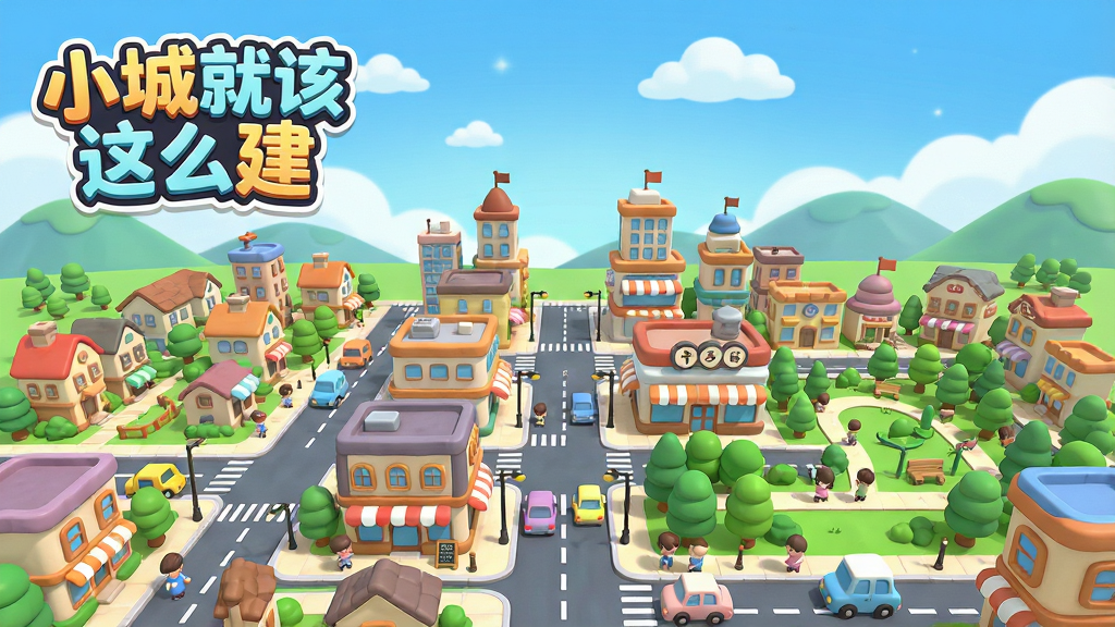 画面中央是一座充满活力的卡通风格城市全景,前景是热闹的街道和各式建筑,背景是蓝天白云和远处的山丘。城市布局错落有致,有住宅区、商业区和公园绿地,街道上有行人车辆穿梭。整体色彩明亮鲜艳,建筑造型圆润可爱,风格清新治愈。画面左上角有游戏名称“小城就该这么建”的艺术字。画面干净,无多余元素,画质高清,细节丰富。