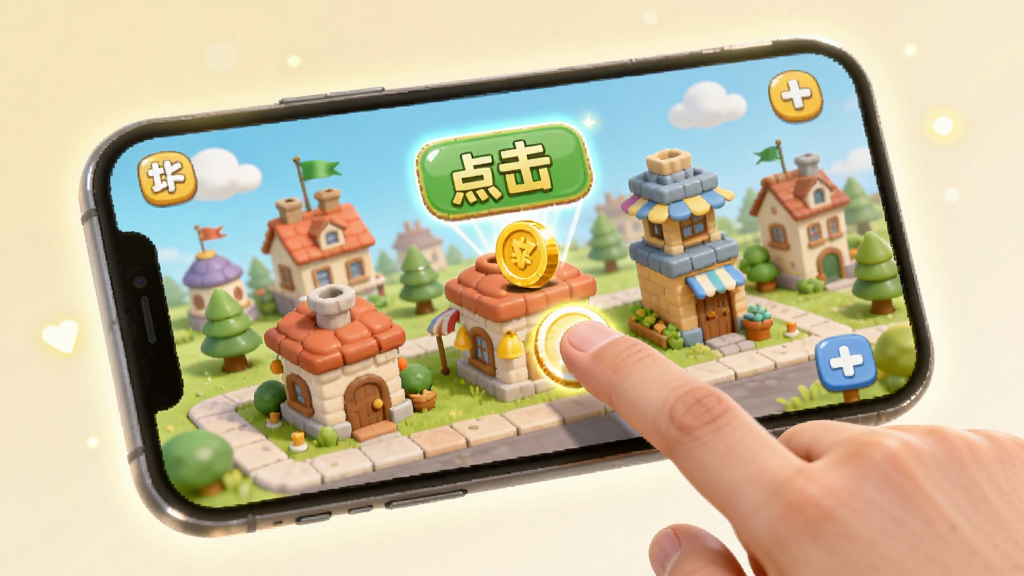 图片展示一只手指正在点击手机屏幕上的游戏界面,屏幕上是一座卡通小城,点击建筑时弹出金币和升级提示,画面周围有柔和的光效。整体风格明亮,突出“点击”和“轻松”的感觉,画面干净,无多余元素。