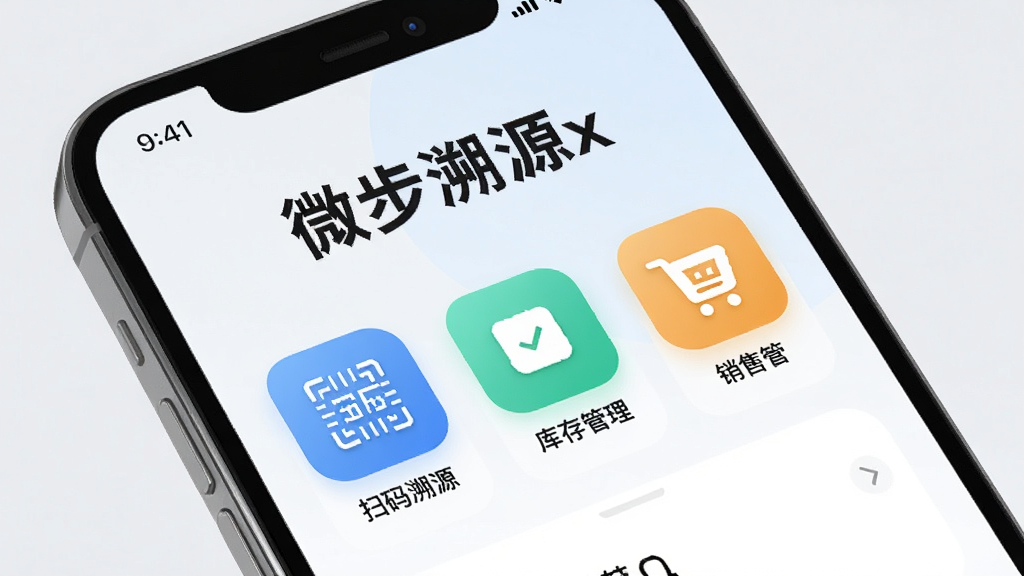 微步溯源x应用主界面展示,手机屏幕中清晰显示“微步溯源x”字样及扫码溯源、库存管理、销售管理等核心功能图标,背景为现代简约风格,浅色调,突出软件名称和主要功能模块,界面布局清晰,图标圆润,整体风格干净明亮,高画质,无多余元素。