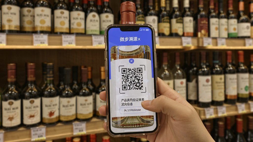 微步溯源x扫码溯源功能演示,手机扫描酒瓶上的二维码,屏幕显示产品真伪验证结果及流向信息,背景为酒类货架,画面清晰,突出“微步溯源x”软件名称,整体风格真实自然,高画质。