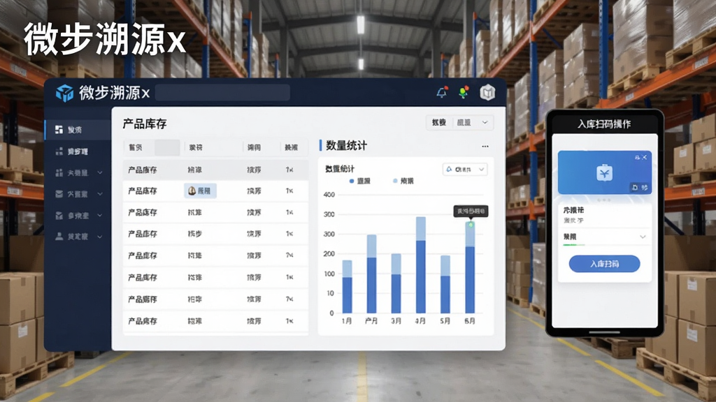 微步溯源x库存管理界面,展示产品库存列表、数量统计图表及入库扫码操作示意,背景为仓库场景,界面设计专业,数据清晰,突出“微步溯源x”软件名称,风格商务简洁,高画质。