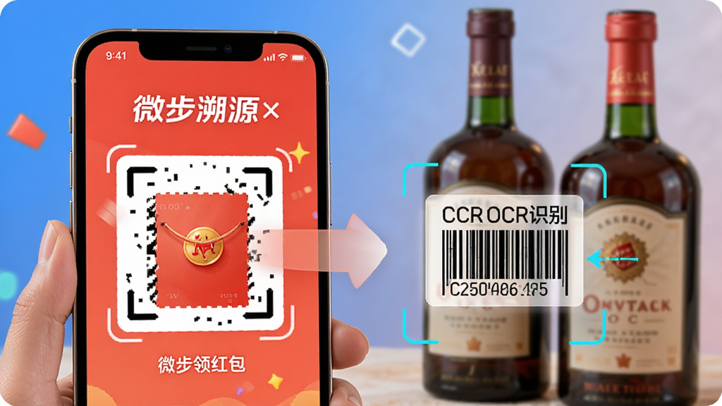 微步溯源x红包营销与OCR识别功能,手机界面展示扫码领红包动画及OCR识别物流码过程,背景为手机与酒瓶,色彩明亮,突出“微步溯源x”软件名称,风格活泼,高画质。