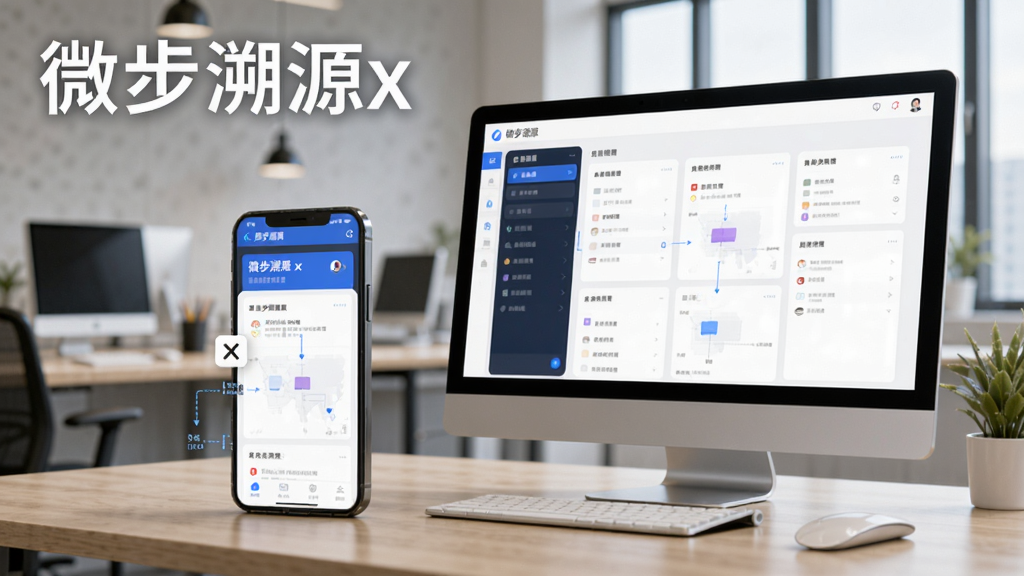微步溯源x使用场景示意图,手机与电脑同时展示应用界面,背景为办公环境,突出软件名称“微步溯源x”,风格真实,高画质。