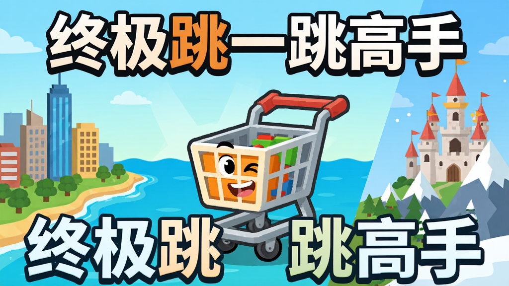 终极跳一跳高手游戏主视觉图,主体是一个卡通风格的购物车角色,背景融合城市、海洋、城堡和雪山四个场景,采用扁平化游戏宣传画风格,画面干净明亮,突出“终极跳一跳高手”游戏标题文字,画质高清,无多余元素