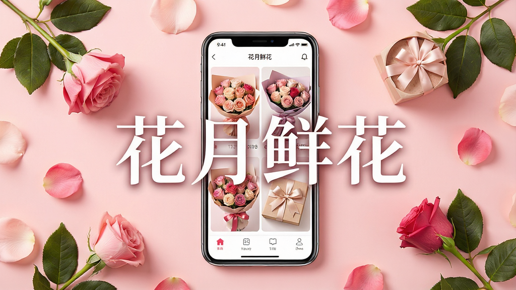 一张展示花月鲜花应用内精美花束合集的主视觉图,画面中央是一部正在运行花月鲜花APP的手机,屏幕显示各种玫瑰花束与礼盒,周围散落着新鲜花瓣与绿叶,背景为柔和的粉色调摄影棚,布局干净整洁,风格清新唯美,细节丰富,画质高清,图片上叠加艺术字“花月鲜花”,干净无多余元素。