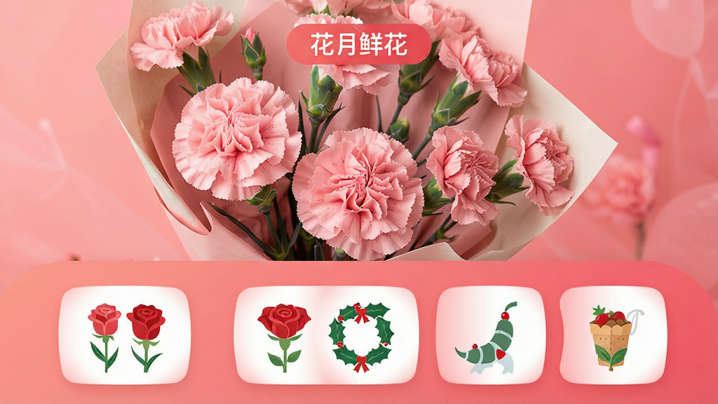 一张花月鲜花APP的节日主题界面截图设计图,画面以上下布局呈现,上方为母亲节粉色康乃馨花束大图,下方排列着情人节红玫瑰、圣诞节冬青花环等小图标,整体采用温暖的粉红色渐变背景,扁平化设计风格,界面清晰展示“花月鲜花”Logo,画质高清,细节精致,无多余元素。