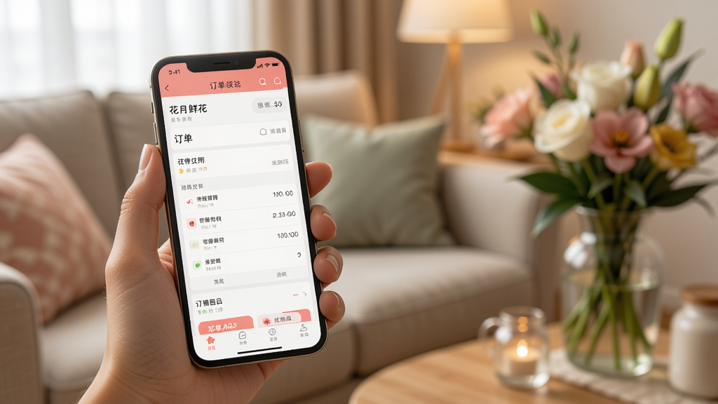 一张展示花月鲜花APP在手机上运行的使用场景图,画面近景是一只手握着手机,屏幕显示订单详情页,背景是温馨的客厅沙发与鲜花装饰,光线柔和,构图清晰,突出APP界面,画质干净,无多余元素。