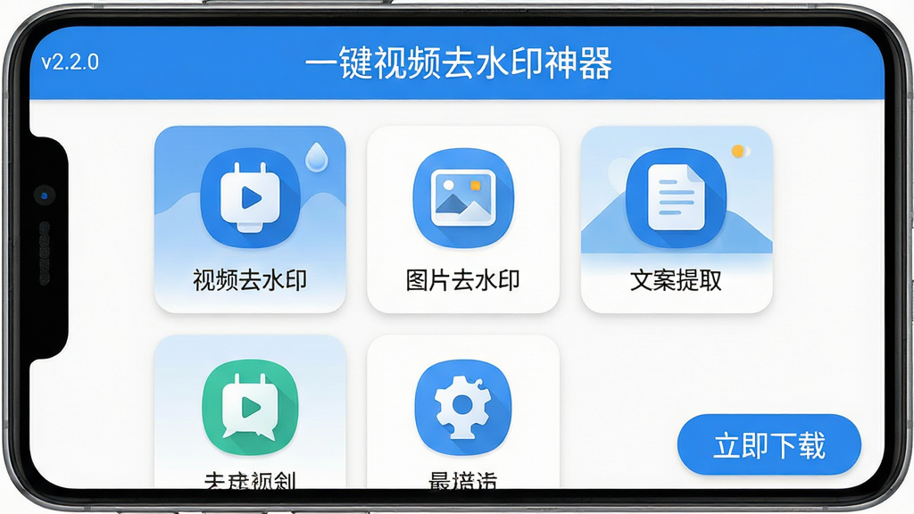 主体:一款名为“一键视频去水印神器”的安卓手机应用界面,展示其主功能菜单;布局:手机屏幕居中,上方显示软件名称“一键视频去水印神器”,下方排列“视频去水印”、“图片去水印”、“文案提取”等功能图标,图标下方有相应中文标签;排版:界面采用网格布局,每个功能卡片均匀分布,色彩以蓝白为主色调,背景简洁清爽;风格:现代扁平化设计风格,图标线条圆润,整体视觉效果专业且亲和;细节:屏幕左上角显示“v2.2.0”版本号,右下角有一个“立即下载”按钮,画面整体干净无多余元素;画质:高清渲染,细节清晰,色彩鲜艳,无多余元素