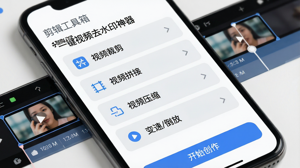 主体:手机屏幕展示“一键视频去水印神器”的剪辑功能列表;布局:界面以列表形式展示“视频裁剪”、“视频拼接”、“视频压缩”、“变速/倒放”等功能,每个功能右侧有箭头指示;排版:从上到下依次排列,功能名称字体清晰,背景为浅灰色卡片;风格:极简主义设计,白色背景搭配蓝色图标,整体干净利落;细节:屏幕顶部有“剪辑工具箱”标题,底部有“开始创作”按钮,画面中一个视频素材被选中,显示时间轴;画质:高清UI设计图,色彩柔和,无多余元素