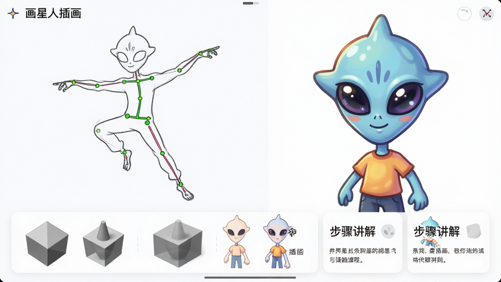 一张展示画星人插画App造型基础课程界面的图片,画面左侧是人物动态骨架线稿示范,右侧是完成后的彩色插画角色,下方排列着几何体块分析图与步骤讲解栏,界面设计简洁清晰,色彩明快,整体布局注重教学逻辑,风格专业且易懂,画质高清,干净无多余元素,图片中可显示文字“画星人插画”