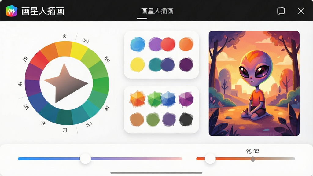 一张展示画星人插画App色彩训练功能的界面预览图,画面中央展示着一组色轮和配色方案卡,旁边是分别采用冷暖色调绘制的同一场景插画对比图,界面下方有滑块调节色彩明度与饱和度的模拟控件,整体设计色彩丰富但不杂乱,排版清晰,画质高清,干净无多余元素,图片中可显示文字“画星人插画”