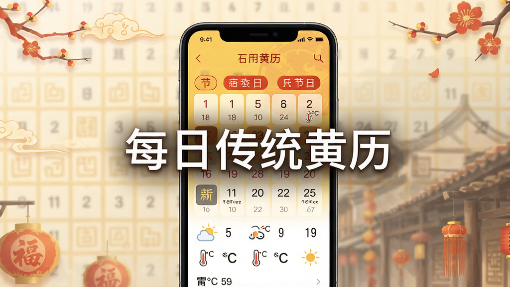 主视觉图展示每日传统黄历应用界面设计,现代简约风格结合中国传统元素,主体是手机屏幕展示日历与天气信息,布局清晰,排版美观,色彩以暖黄与朱红为主,细节包含农历节气标识和温度图标,画质高清干净无多余元素,中央有文字“每日传统黄历”