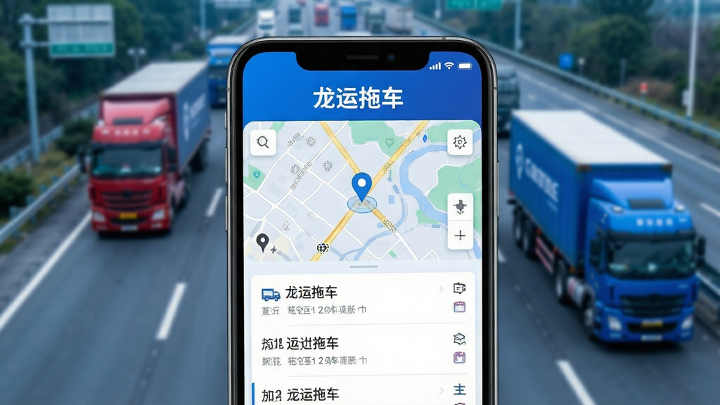 一张智能手机屏幕特写,屏幕正面展示“龙运拖车”APP主界面,界面设计简洁现代,顶部显示“龙运拖车”字样,中部有清晰的地图定位和订单列表,背景虚化为繁忙的高速公路和运输车辆,整体色调以蓝色和白色为主,突显科技感与专业物流氛围,画质高清干净,无多余元素