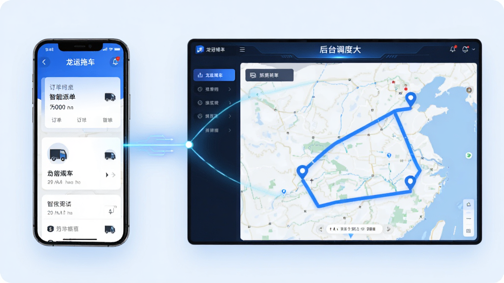 展示“龙运拖车”APP的智能派单界面,左侧是司机手机界面,右侧是后台调度大屏,两者通过发光的线条连接,地图上用蓝色标记显示最优路线,界面元素包括订单卡片、车辆图标和路线轨迹,设计风格科技感十足,蓝色调为主,干净整洁,无多余元素