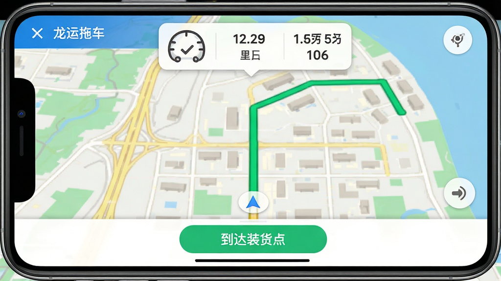 一张手机横屏截图,显示“龙运拖车”APP的导航界面,地图上有一条绿色畅通路线,底部有“到达装货点”按钮,屏幕上方有速度、里程等数据悬浮窗,界面简洁,地图清晰,色彩鲜艳,画质高清,无多余元素