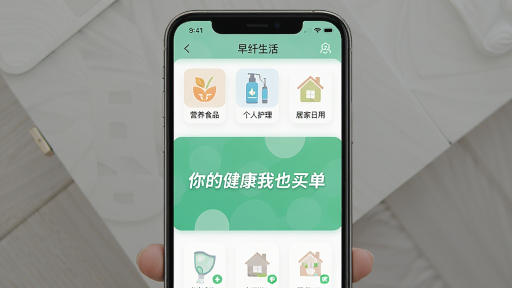 主体:手机屏幕展示早纤生活APP界面,界面中有健康商品分类图标如“营养食品”“个人护理”“居家日用”,中央有“你的健康我也买单”的品牌标语,整体布局清晰,排版简洁,风格现代扁平化,画质高清,干净无多余元素