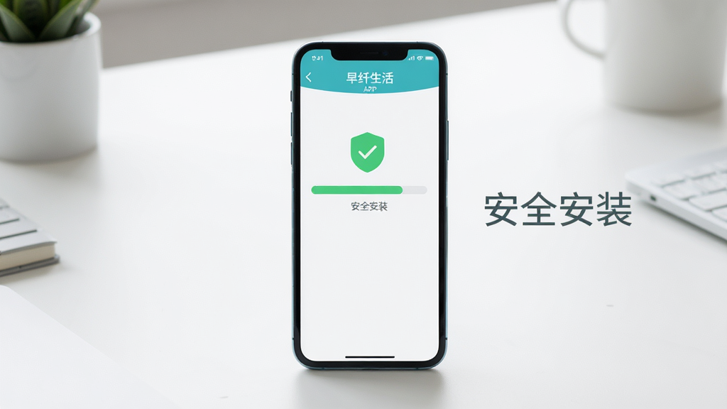 主体:手机安装早纤生活APP的界面,屏幕显示安装进度条,旁边有“安全安装”字样,背景为简洁的桌面,布局居中,排版清晰,风格写实,画质高清,干净无多余元素