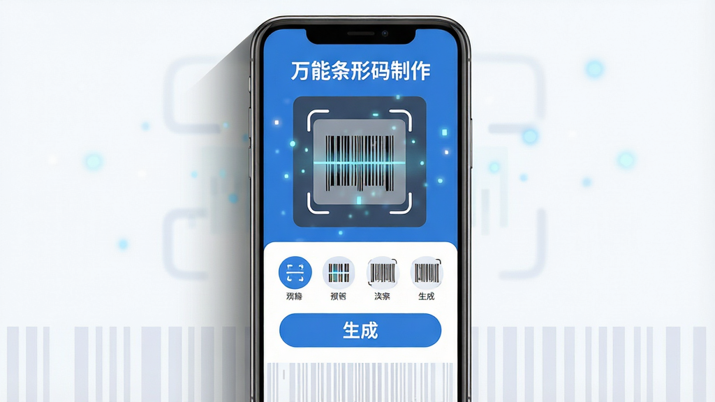 主体:一部智能手机屏幕展示“万能条形码制作”主界面,界面包含扫描框和生成按钮;布局:手机居中,左右两侧有轻微阴影,底部有淡淡的条形码纹理装饰;排版:界面元素清晰,上方为扫描预览区,下方为功能图标排列;风格:现代扁平化,蓝色主色调搭配白色背景,简洁明亮;细节:屏幕内显示“万能条形码制作”字样及几个示例条码,周围漂浮着微小的数据光点;画质:高清渲染,细节丰富,干净无多余元素。