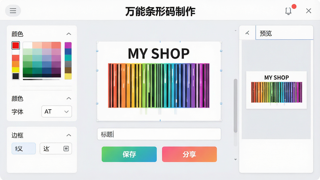 主体:“万能条形码制作”生成界面,展示一个正在编辑的彩色条形码;布局:条形码位于画面中央,左侧有颜色选择器和字体设置面板,右侧有预览窗口;排版:编辑面板内显示“颜色”“字体”“边框”等选项,条形码下方有“标题”输入框;风格:清新明亮,浅灰色背景,彩色控件;细节:条形码呈现渐变色,上方有自定义标题“MY SHOP”,下方有“保存”“分享”按钮;画质:高清,界面清晰,无多余元素。