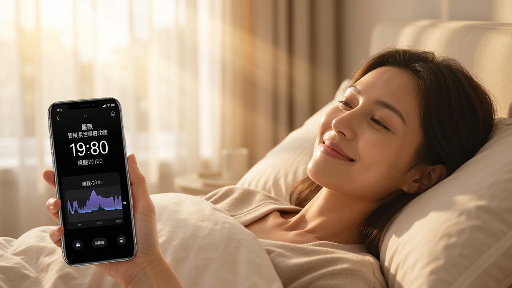 麒盛智眠柔性唤醒功能示意图,画面中一位女性在晨光中自然醒来,面带微笑,手机屏幕显示唤醒时间与睡眠阶段,背景为透过窗帘的温暖阳光,风格温馨写实,色彩柔和,画质高清,无多余元素