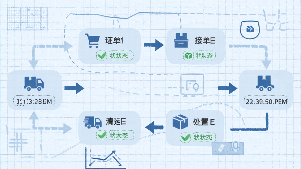 主体为流程图展示甬废清司机端的闭环管理步骤,包括下单、接单、清运、处置四个环节,用箭头串联,背景为淡蓝色网格纸,布局为横向流程,排版整齐,风格扁平化,细节包括图标、时间戳、状态标识,画质干净,无多余元素