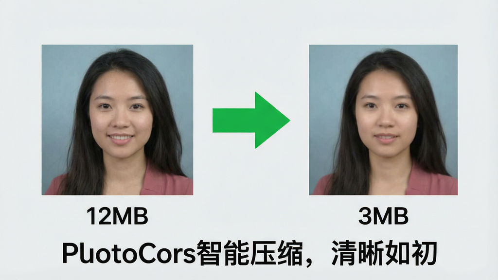 一张对比图,左侧显示原始图片文件大小为12MB,右侧显示经过PhotoCors压缩后的图片文件大小为3MB,两张图片并排展示,视觉上画质无明显差异。背景为浅灰色,中间用醒目的绿色箭头连接左右两侧,下方标注“PhotoCors智能压缩,清晰如初”。整体风格简洁清晰,画质干净,突出PhotoCors在图片压缩方面的显著效果。