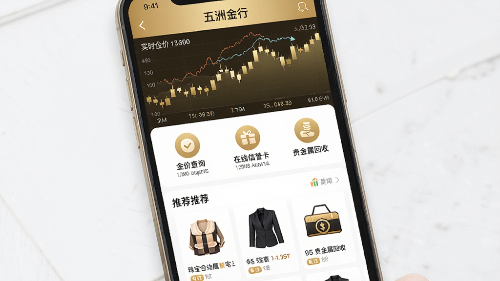 一张智能手机屏幕展示五洲金行APP主界面,界面设计以金色和白色为主色调,顶部显示实时金价走势图,中部是功能图标包括金价查询、在线信誉卡、珠宝顾问、贵金属回收,底部是推荐商品瀑布流,整体布局清晰简洁,风格商务大气,细节精致,画质高清,干净无多余元素