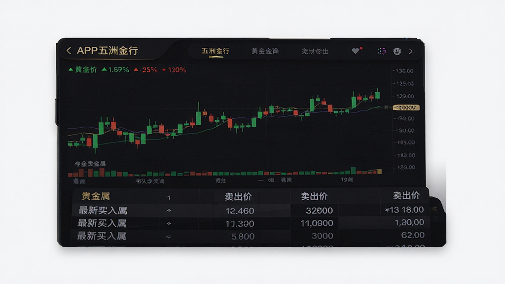 五洲金行APP金价查询功能页面,深色背景上展示黄金价格实时走势K线图,绿色和红色数据指标清晰可见,页面下方列出各类贵金属的最新买入价和卖出价表格,界面风格专业金融感,数据可视化效果出色,画质高清,干净无多余元素