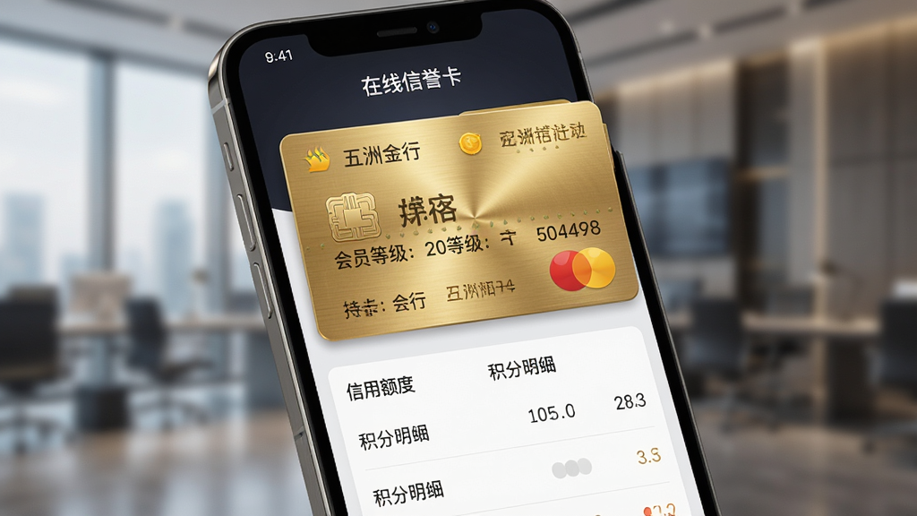 五洲金行APP在线信誉卡办理界面,手机屏幕上显示会员卡样式的虚拟卡片,带有金色金属质感,卡片上标注持卡人姓名和会员等级,下方是信用额度及积分明细列表,背景虚化处理突出卡片主体,风格简约商务,光影效果细腻,画质高清,干净无多余元素