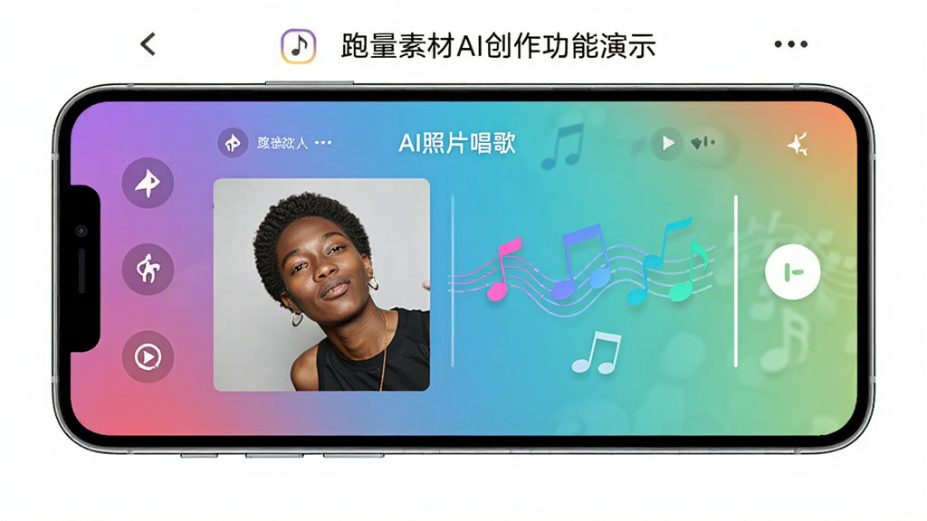 跑量素材AI创作功能演示,手机界面显示“AI照片唱歌”操作页面,包含一张人物照片和音符动画,背景为渐变色,界面简洁,画质清晰,无多余元素