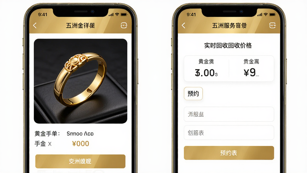 五洲金行APP在线下单和贵金属回收功能界面,左侧是商品详情页显示黄金手镯图片和价格,右侧是回收服务页面显示实时回收价格和预约表单,分屏展示设计,风格清晰实用,金色与白色配色商务感强,画质高清,干净无多余元素