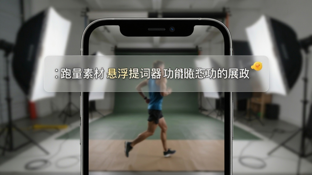 跑量素材悬浮提词器功能展示,手机屏幕上方悬浮半透明提词栏,显示文字内容,背景为拍摄场景,界面简洁,画质干净,无多余元素